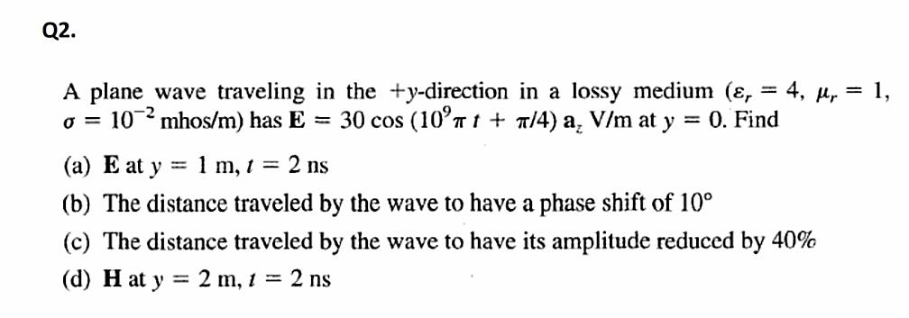 Solved A plane wave traveling in the +y-direction in a lossy | Chegg.com