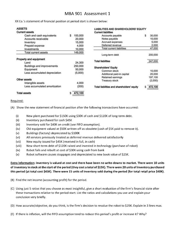 MBA 901 Assessment 1 XXCo.'s statement of financial | Chegg.com