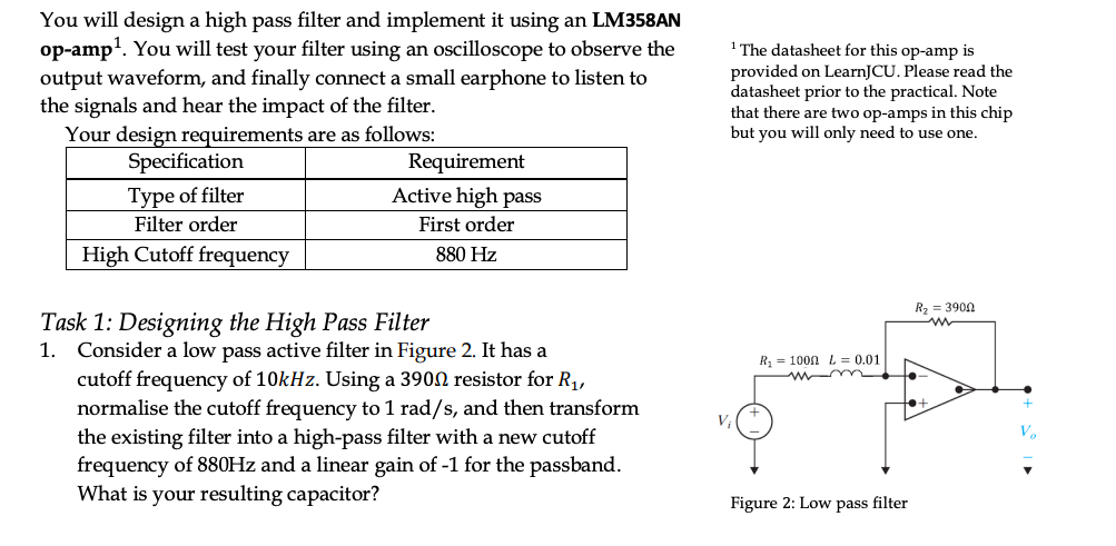 Solved You will design a high pass filter and implement it Circuit Diagram