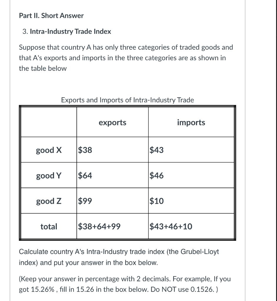 Solved Part II. Short Answer 3. Intra-Industry Trade Index | Chegg.com