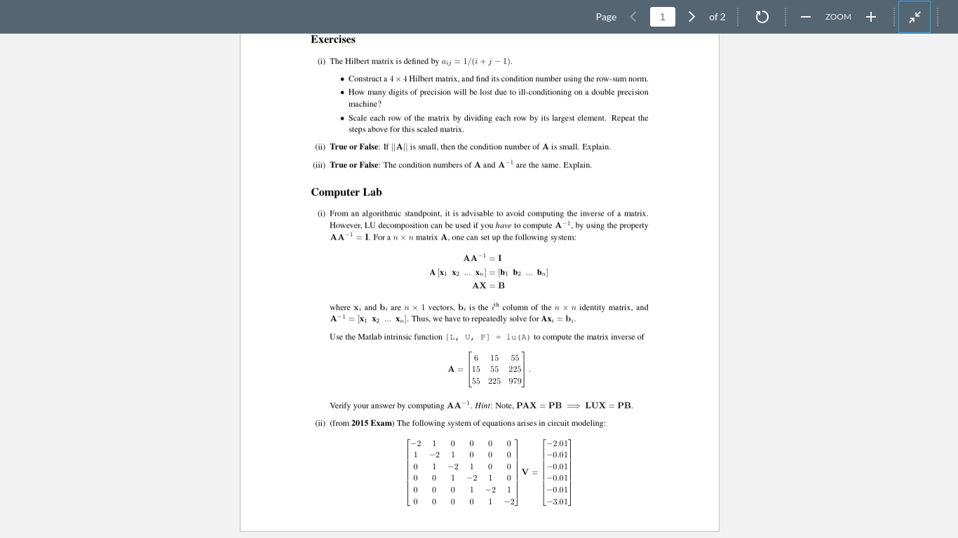 Page 1 > of 2 ZOOM + Exercises (1) The Hilbert matrix