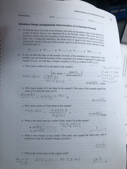 Solved of a Chemical Formula1 Experiment Name Advance Study | Chegg.com