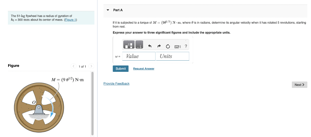 [Solved]: The 51kg flywheel has a radius of gyration of k0