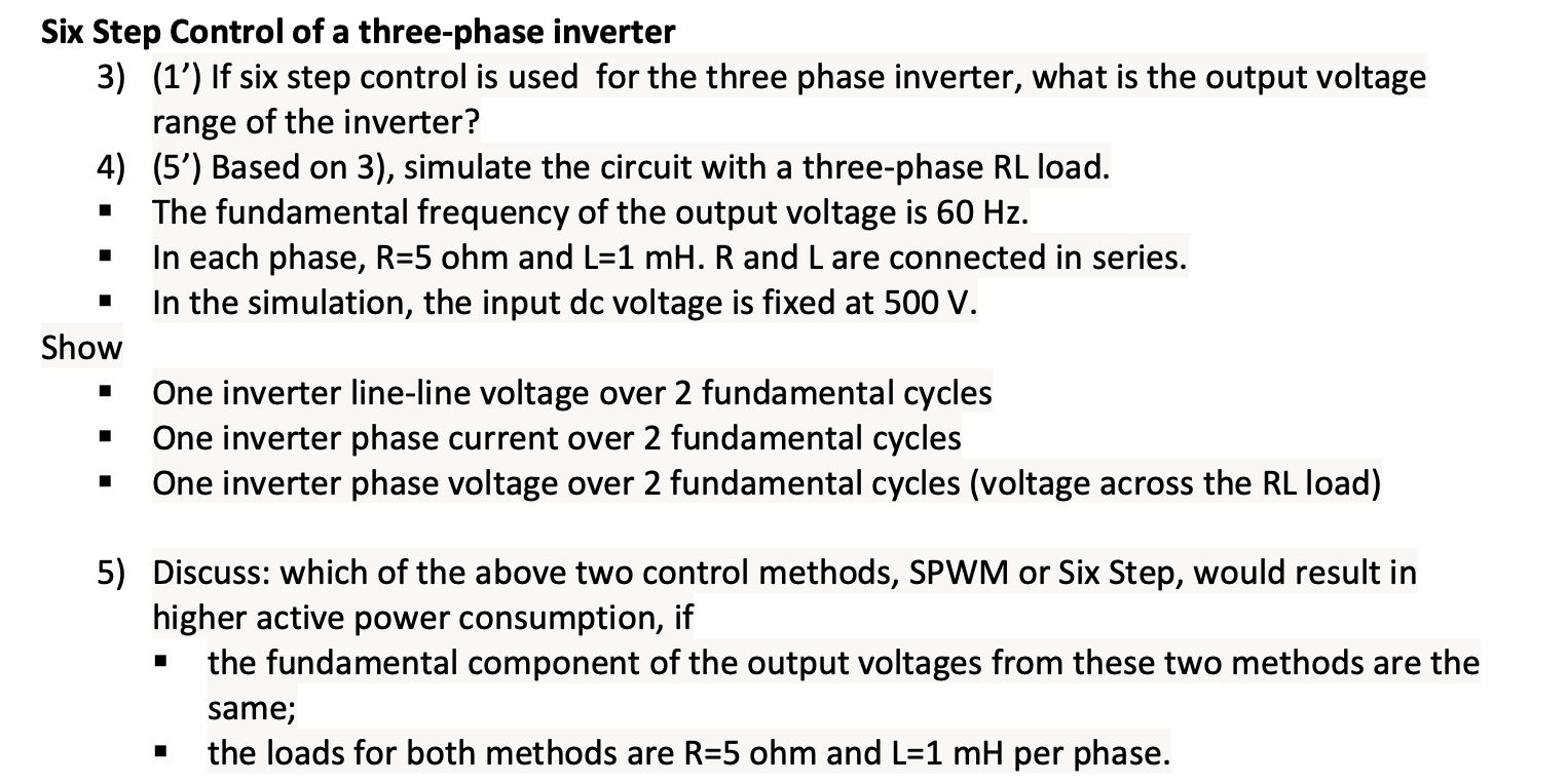 Six Step Control of a three-phase inverter 3) (1') If | Chegg.com