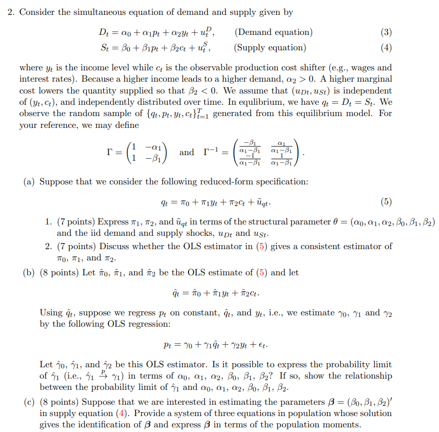 2. Consider the simultaneous equation of demand and | Chegg.com