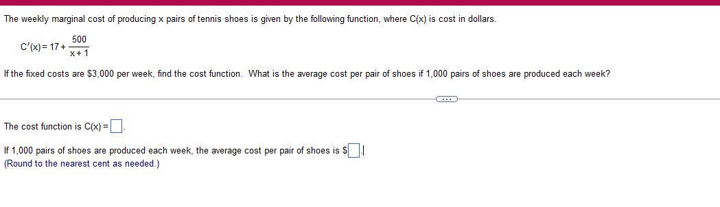 Solved The weekly marginal cost of producing x pairs of | Chegg.com