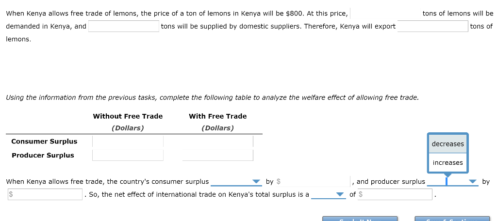tons of lemons will be when kenya allows free trade of lemons, the price of a ton of lemons in kenya will be $800. at this pr
