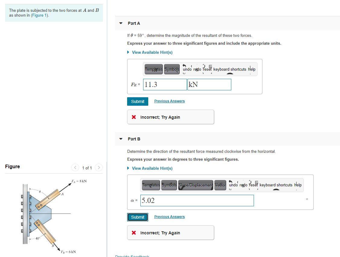 Solved The plate is subjected to the two forces at A and B | Chegg.com