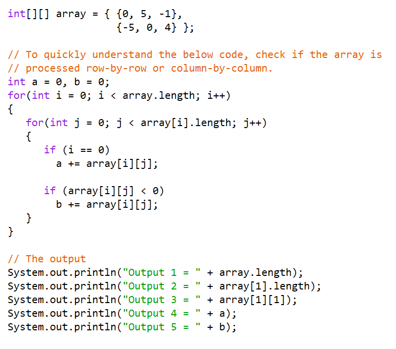 Solved Int[][] Array = { {0, 5, -1}, {-5, 0, 4} }; // To | Chegg.com