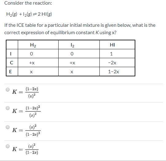 Solved Consider the reaction H2(g) + 12(g) = 2 HI(g) If the