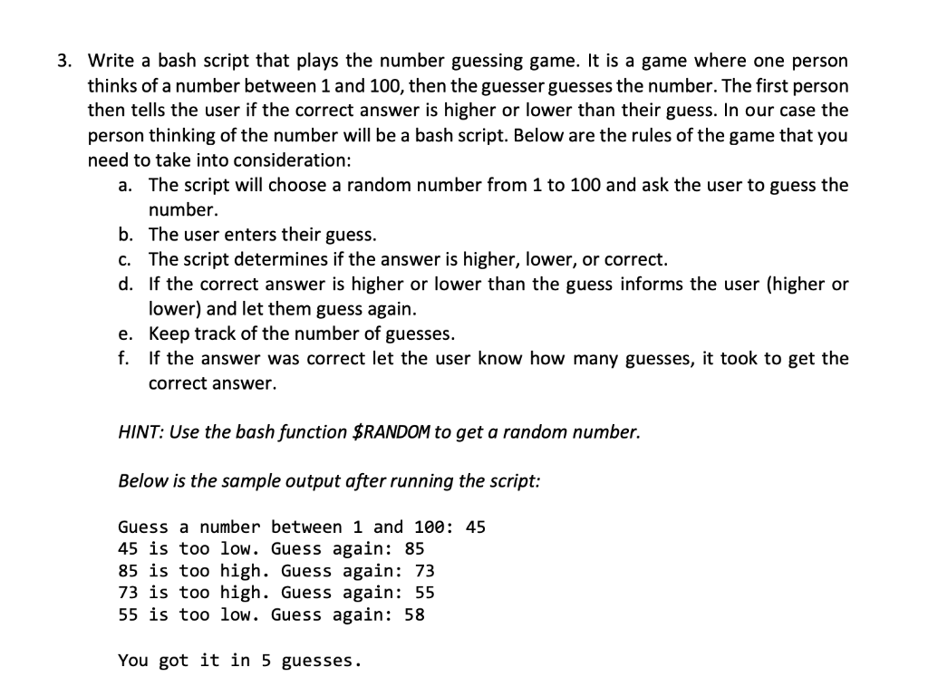 Solved Write a bash script that plays the number guessing | Chegg.com