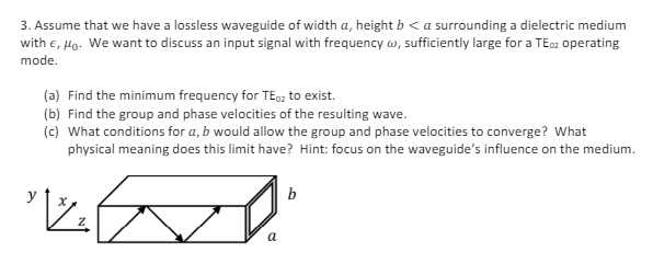 Solved Assume that we have a lossless waveguide of width a, | Chegg.com