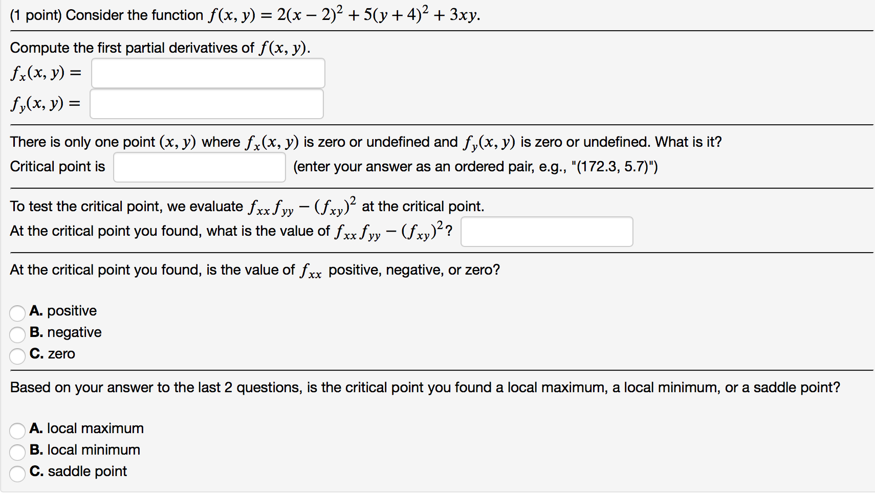 Solved (1 point) Consider the function f(x, y) = 2(x - 2)2 + | Chegg.com