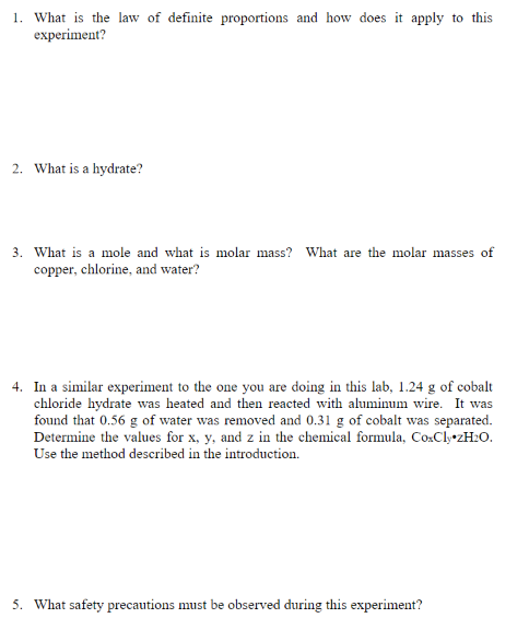 law of definite proportions hydrate experiment