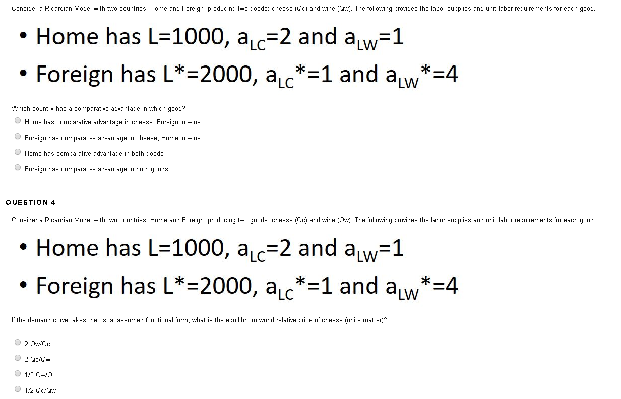 Solved Consider A Ricardian Model With Two Countries: Home | Chegg.com
