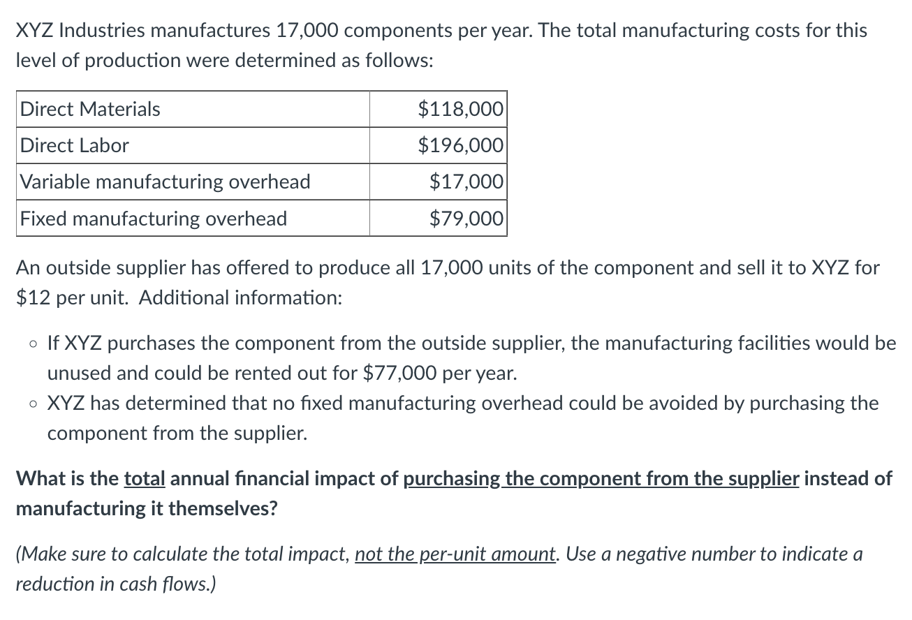 Solved XYZ Industries manufactures 17,000 components per | Chegg.com