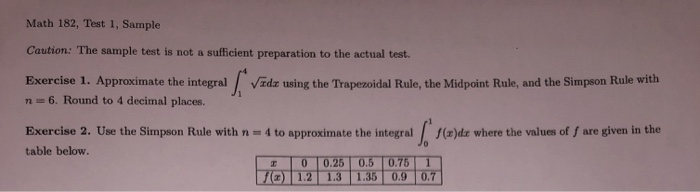 Solved Math 182, Test 1, Sample Caution: The Sample Test Is | Chegg.com