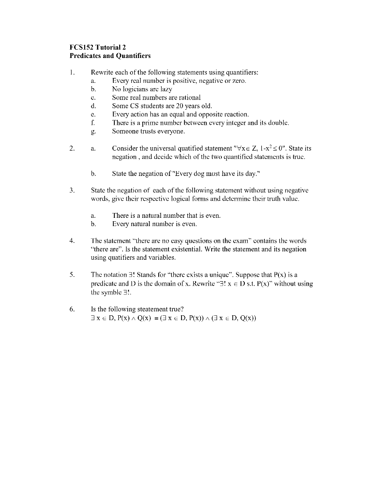 FCS152 Tutorial 2 Predicates and Quantifiers 1. | Chegg.com