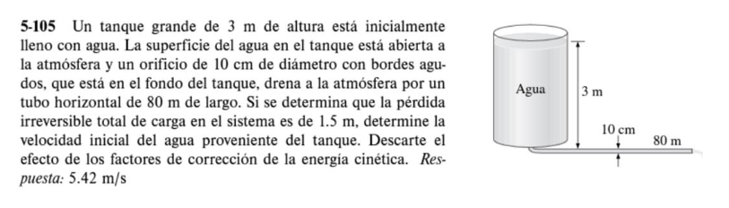 5-105 Un tanque grande de \( 3 \mathrm{~m} \) de altura está inicialmente lleno con agua. La superficie del agua en el tanque