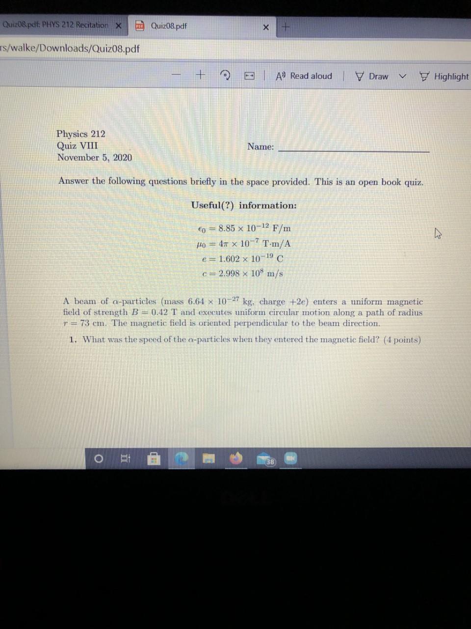 Solved Quiz08.pdf: PHYS 212 Recitation X m Quiz08.pdf | Chegg.com