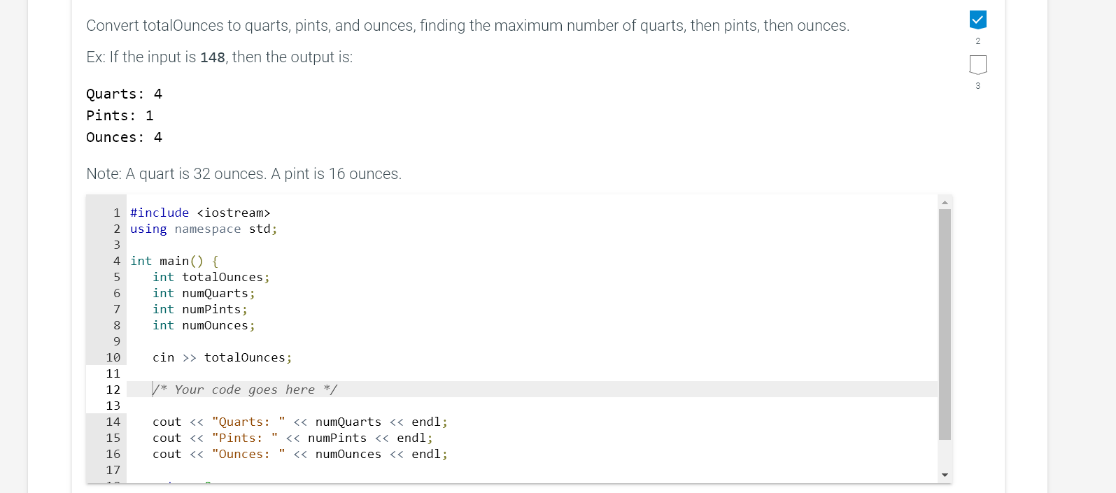 Solved Convert totalOunces to quarts, pints, and ounces