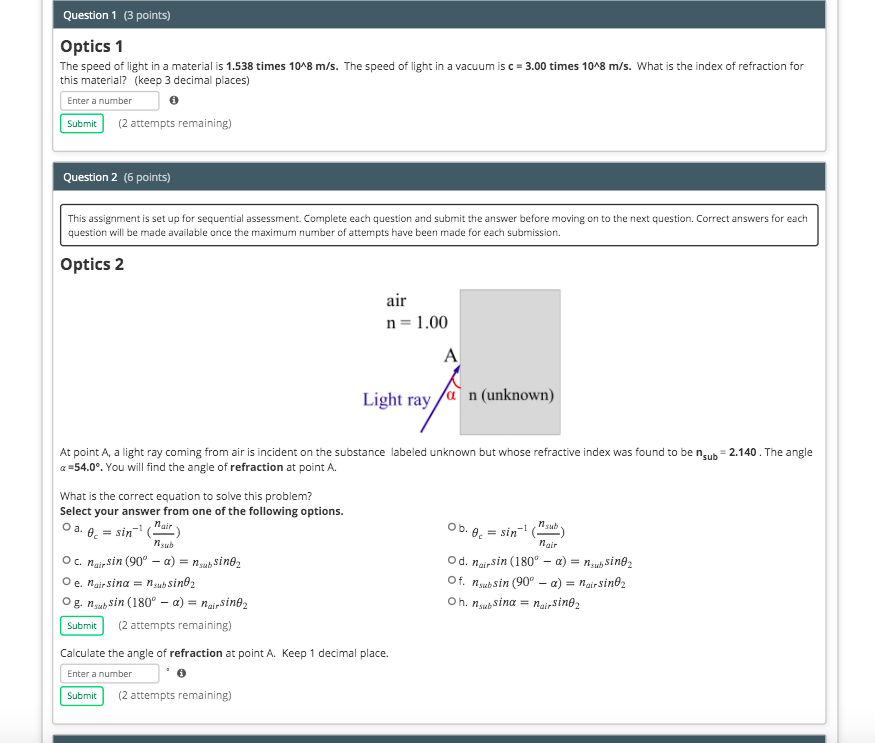 Solved Question 1 (3 points) Optics 1 The speed of light in | Chegg.com