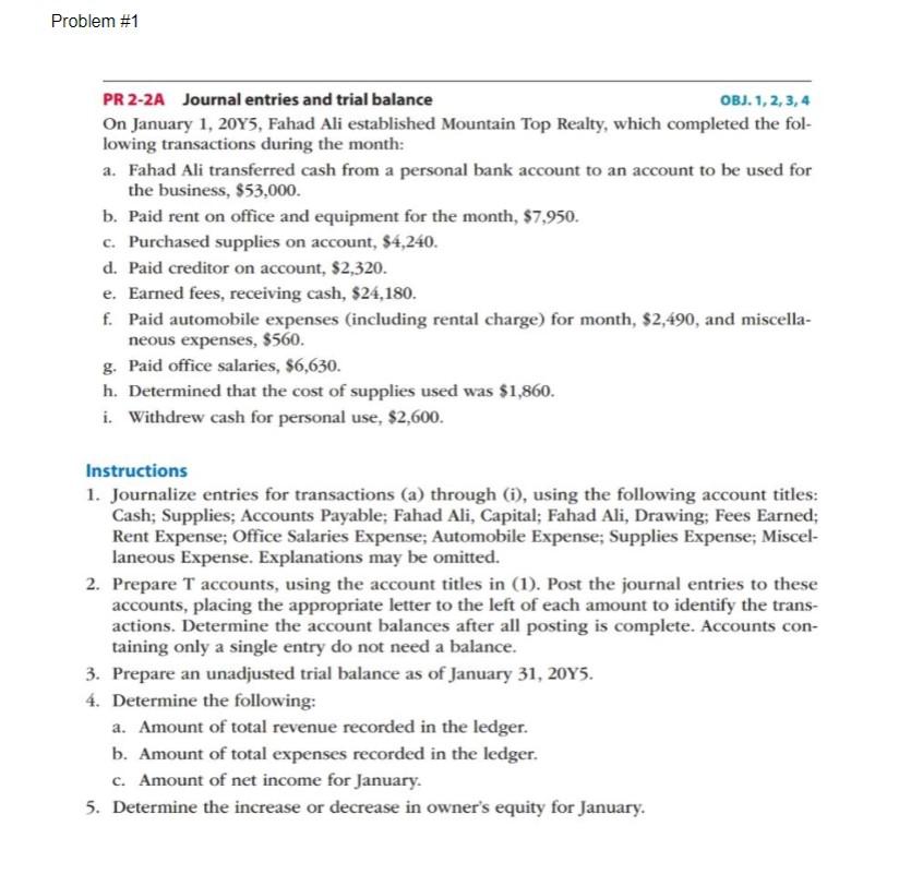 Solved Problem #1 PR 2-2A Journal entries and trial balance | Chegg.com