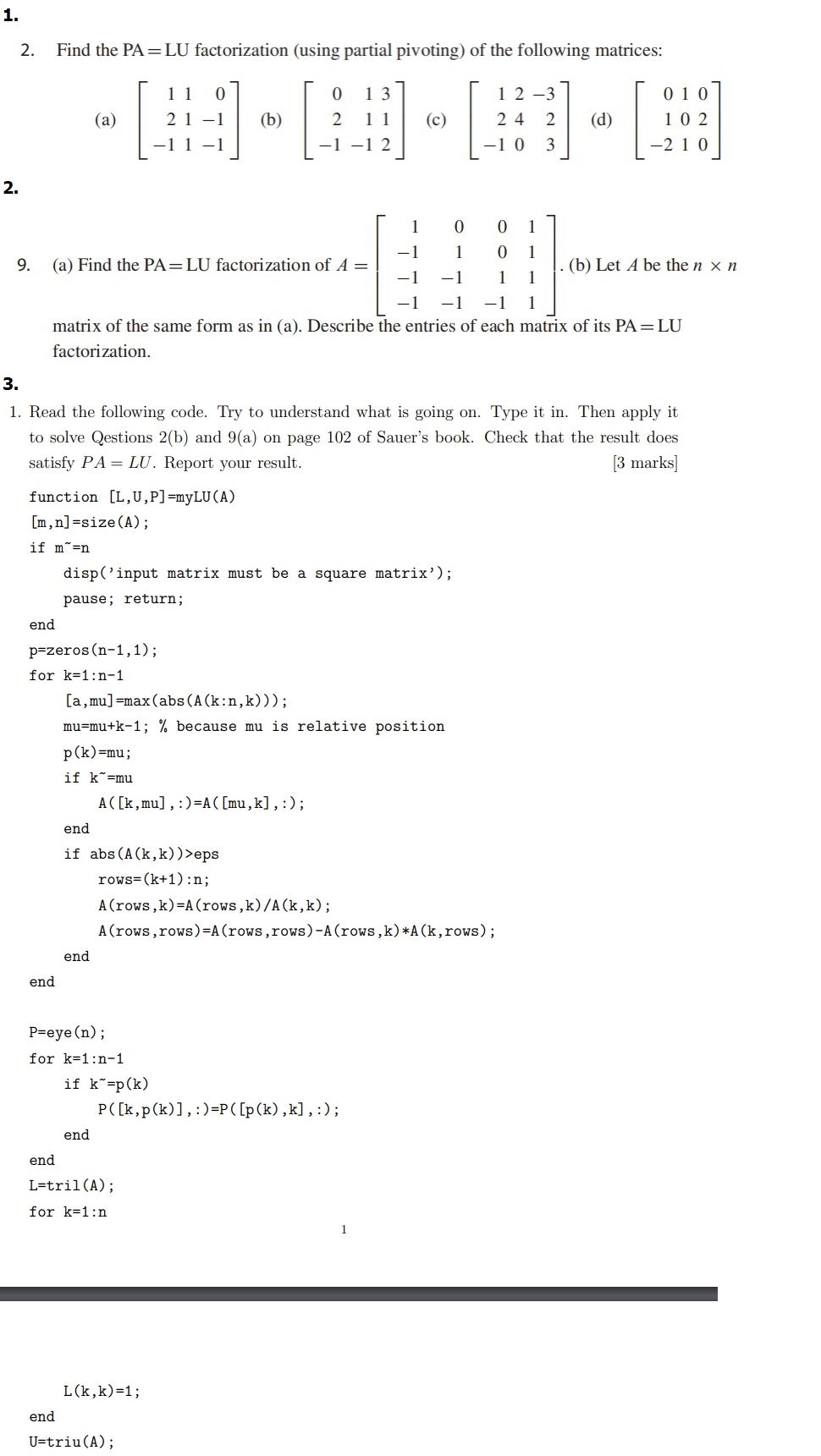 Solved 1. 2. Find the PA=LU factorization (using partial