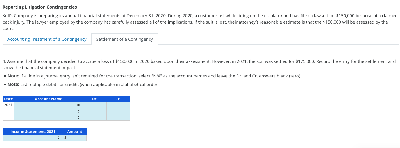 Solved Reporting Litigation Contingencies Koll's Company is | Chegg.com