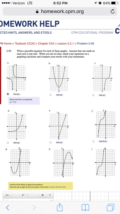 Solved Verizon LTE 6:52 PM homework.cpm.org MEWORK HELP CTED | Chegg.com