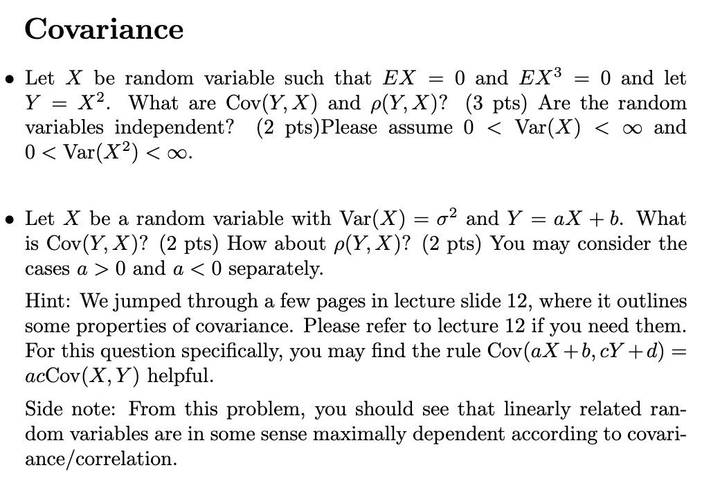 Solved Covariance • Let X be random variable such that EX 0 | Chegg.com