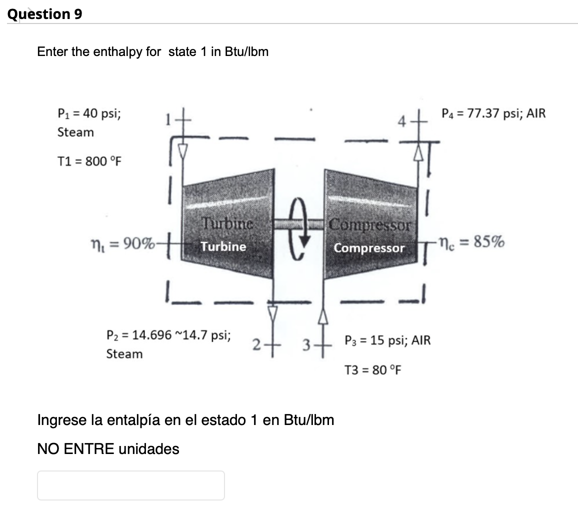 Enter the enthalpy for state 1 in Btu/lbm 1 Ingrese la entalpía en el estado 1 en Btu/lbm NO ENTRE unidades