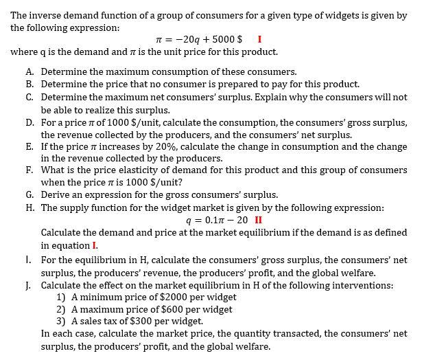 The inverse demand function of a group of consumers