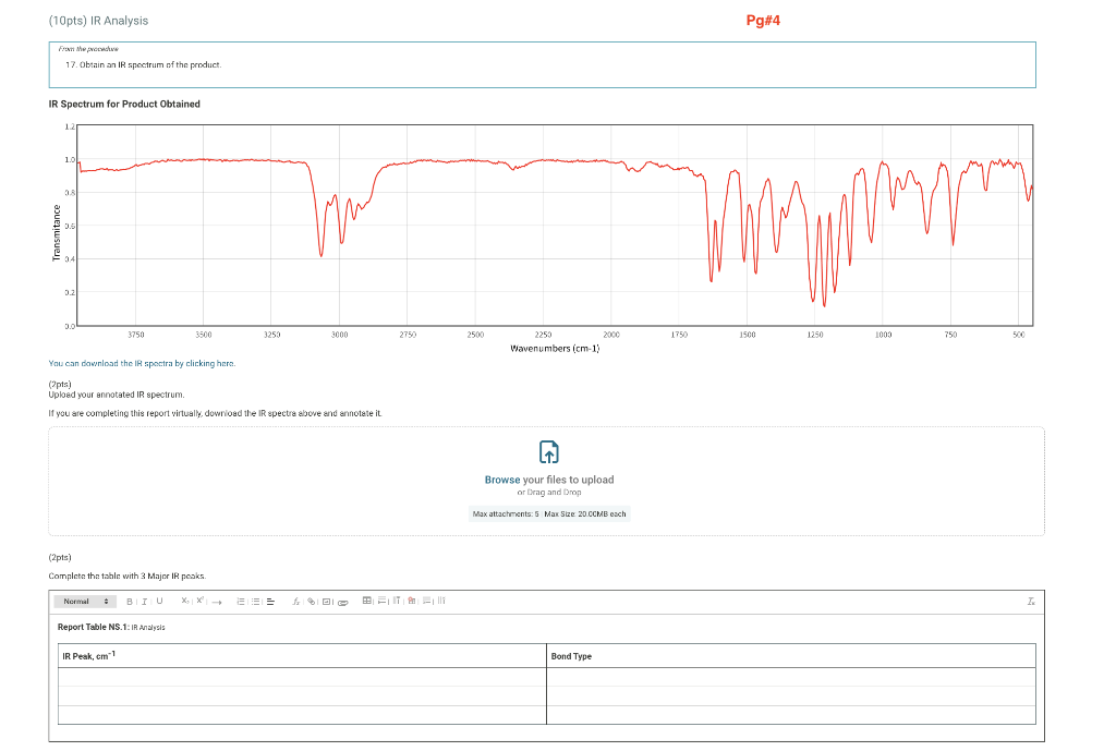 Frevi Me avateshuve
17. obtain an IR spoctrum of the product.
IR Spectrum for Product Obtained
(2ptsi)
Uploed your annotated 