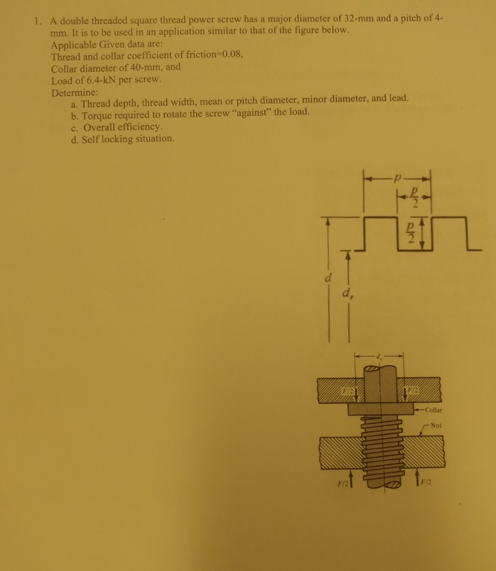 Solved A double threaded square thread power screw has a