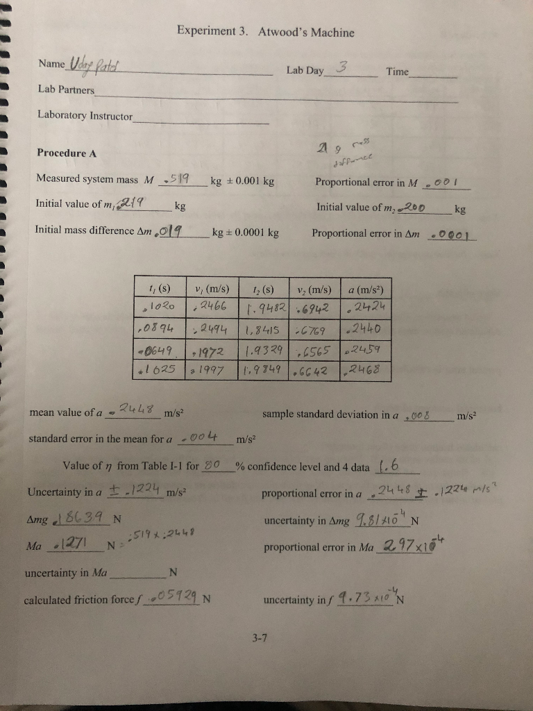 Experiment 3. Atwood's Machine Name Udine fatal Lab