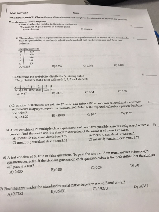 Solved Math 240 Test 2 MULTIPLE CHOICE Choose the one | Chegg.com