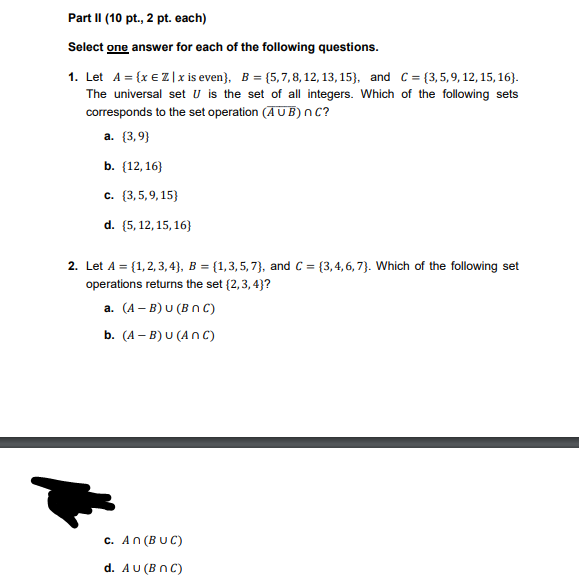 Solved Part II (10 pt., 2 pt. each) Select one answer for | Chegg.com