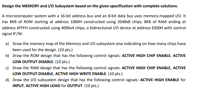 Solved Design the MEMORY and I/O Subsystem based on the | Chegg.com