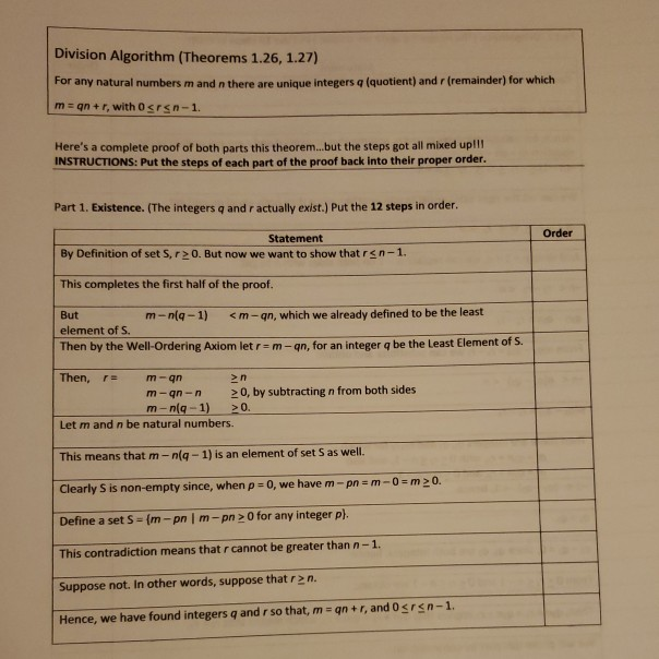 Solved Division Algorithm (Theorems 1.26, 1.27) For any | Chegg.com