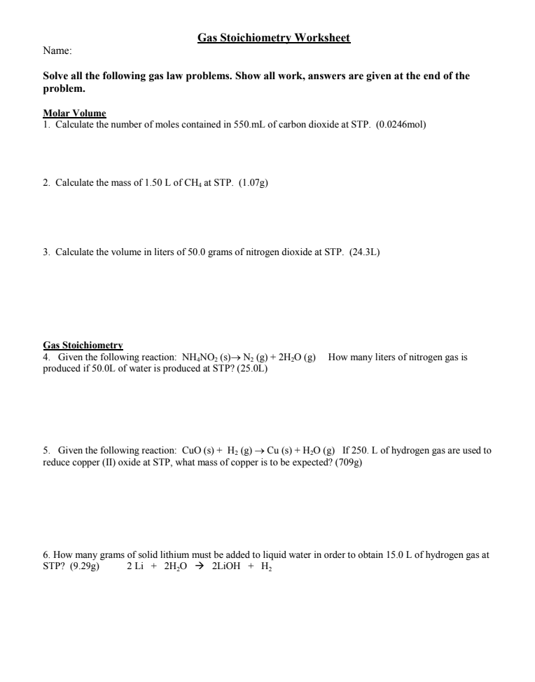 Solved Gas Stoichiometry Worksheet Name Solve All The Fo Chegg Com