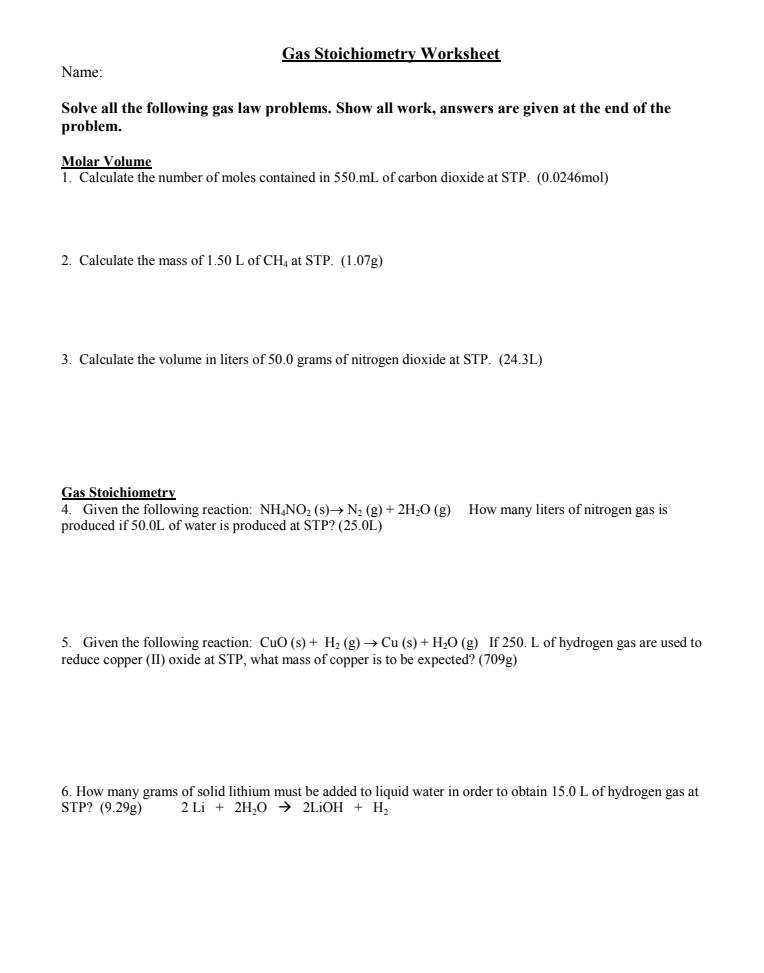 Solved Gas Stoichiometry Worksheet Name: Solve all the | Chegg.com