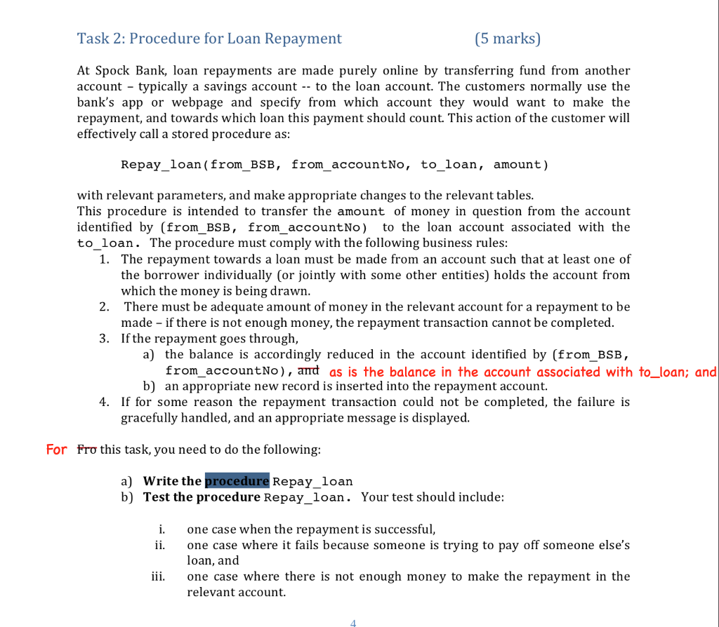 Task 2 Procedure For Loan Repayment 5 Marks At Chegg