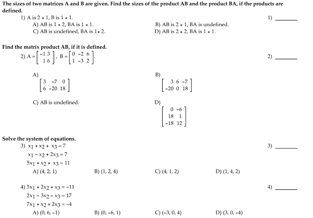 Solved The sizes of two matrices A and B are given. Find the | Chegg.com