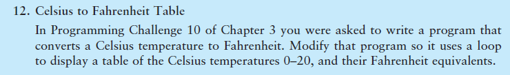 Solved 12. Celsius to Fahrenheit Table In Programming | Chegg.com