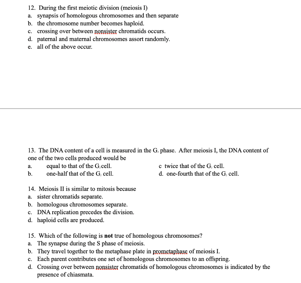 Solved 12. During the first meiotic division (meiosis I) a. | Chegg.com