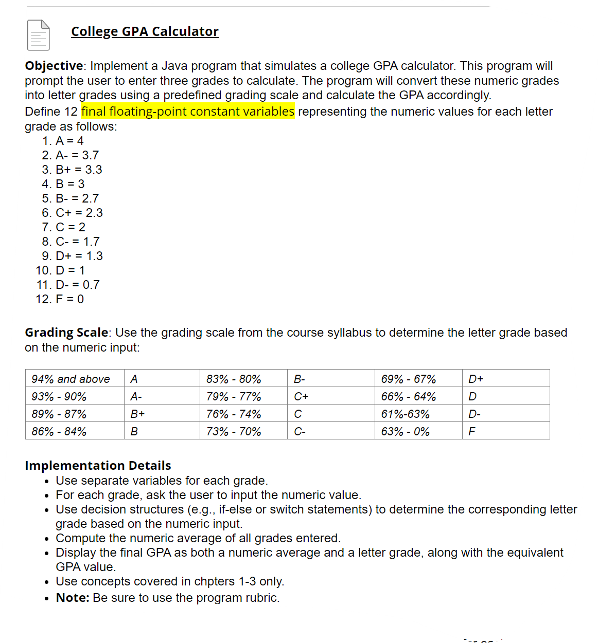 Solved College GPA CalculatorObjective: Implement a Java | Chegg.com