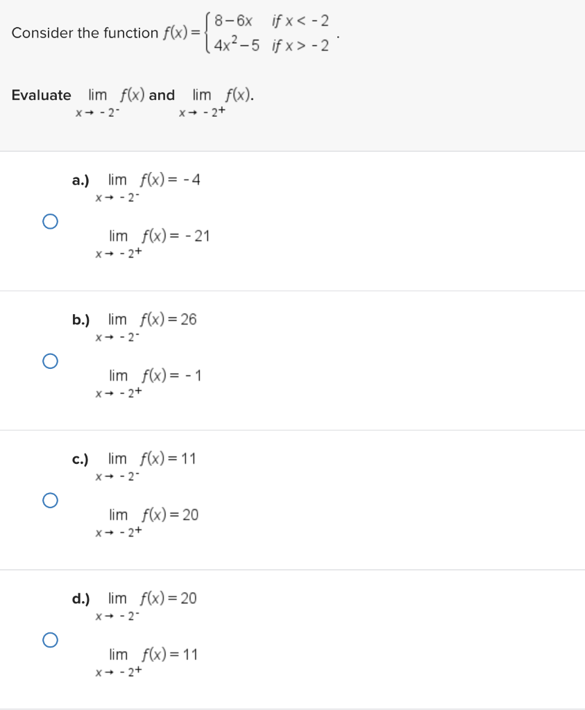 Solved onsider the function f(x)={8−6x4x2−5 if x −2. | Chegg.com