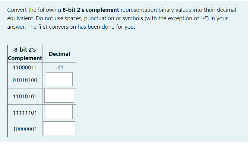 convert the following decimal values to 8 bit 2's complement representation