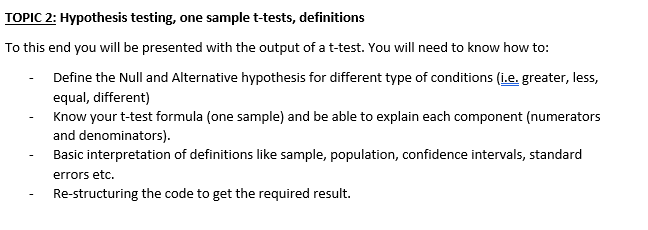 TOPIC 2: Hypothesis testing, one sample t-tests, | Chegg.com